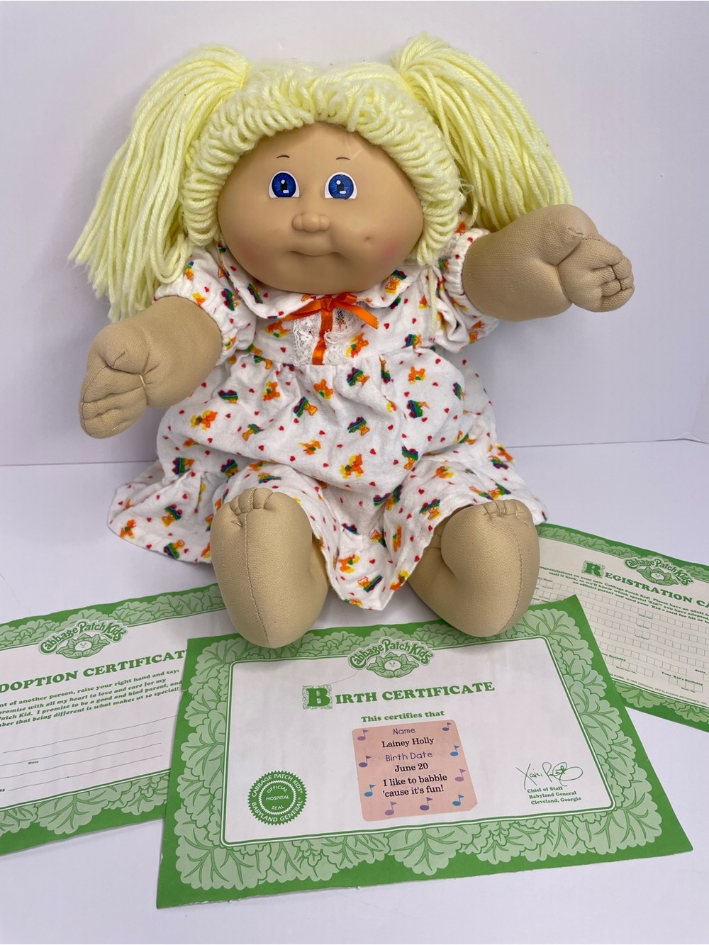 Vintage 1985 Cabbage Patch Kid Lainey Holly HM#3 Blue Signature Paperwork Coleco